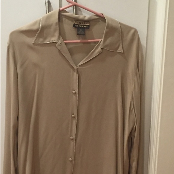 Finity Tops - Finity Silk Blouse Button Front with Bead Trimmed Collar Vintage - L - Tan -EUC